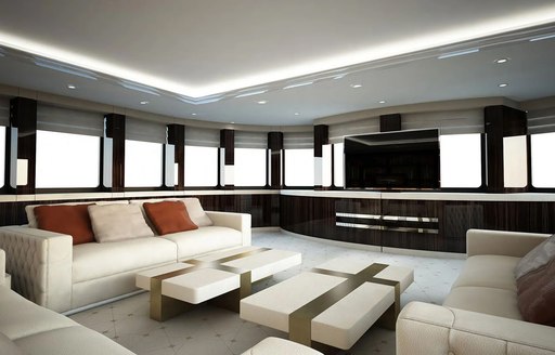 SOARING yacht skylounge with television screen and white sofas