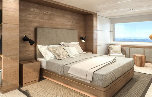 guest cabin on board charter yacht mimi la sardine, furnished in neutral tones and exposed wood 