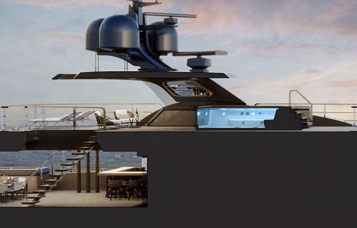Side view rendering of superyacht charter RAJA² with Jacuzzi visible