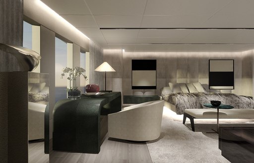 rendering of serene master suite on board luxury yacht OURANOS 