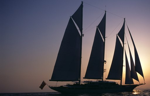 Sailing yacht ATHENA at sunset in the Mediterranean