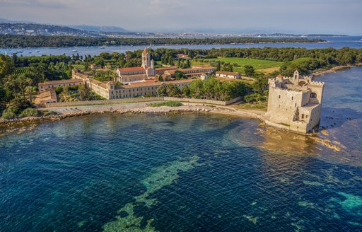 Aerial view looking down on Lerins Abbey