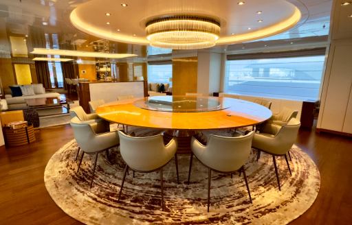 Interior dining area onboard charter yacht SEAKID II