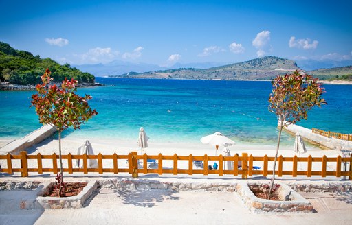 View out to a blue sea from a terrace