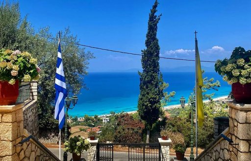 Faneromeni Monastery Lefkada entrance, sea view
