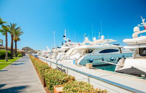 Motor yacht charters berthed in a line
