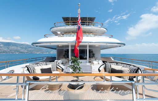 Alfresco lounge area onboard motor yacht LADY MAJA I, sofas facing toward each other with panoramic views 