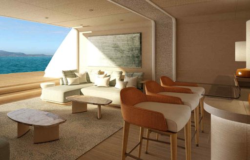 Beach club renderings onboard superyacht charter O'MADELEINE with stools and comfortable lounge area