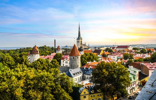 Late afternoon sunset view overlooking the medieval walled city of Tallinn Estonia