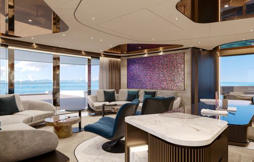 Charter yacht SILVER FOX interior lounge area rendering with large windows