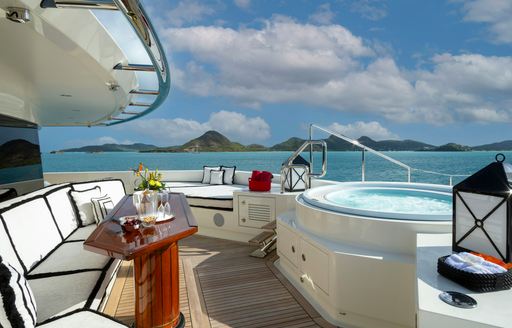 Exteriors onboard charter yacht ALFA NERO with deck Jacuzzi and seating