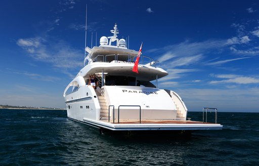 Stern of motor yacht Paradise  when cruising on charter in Australia