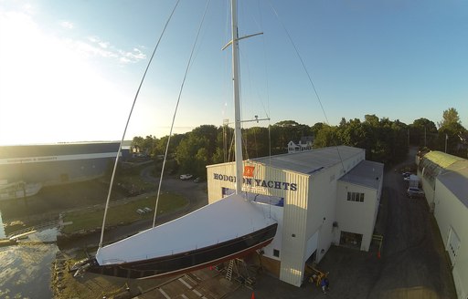 aerial view of luxury yacht Asolare out of the water for repairs