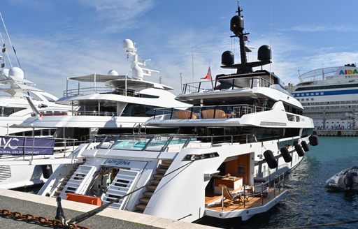 Aft view of superyacht charters berthed in Zadar