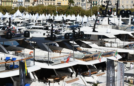 motor yachts lined up at the Cannes Yachting Festival 2017