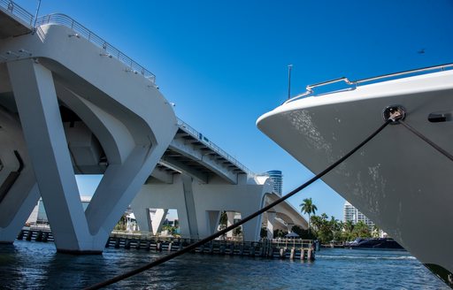 Superyacht bow berthed at Fort Lauderdale International Boat Show (FLIBS)