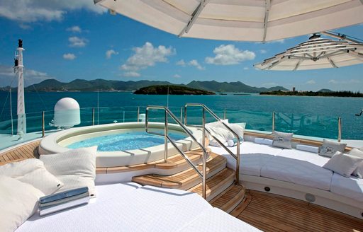 Jacuzzi, sun pads and awnings on sundeck of motor yacht ‘Lady Luck’ 