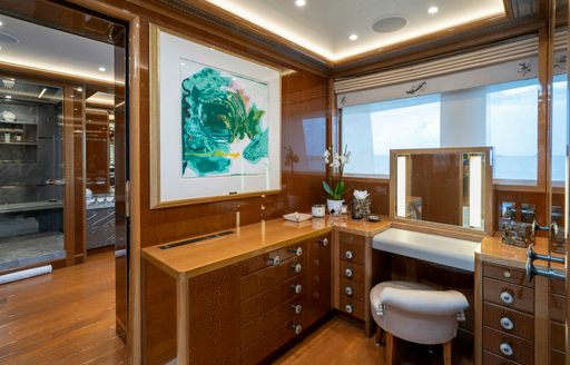 Private dressing area in the master cabin onboard charter yacht ALFA NERO