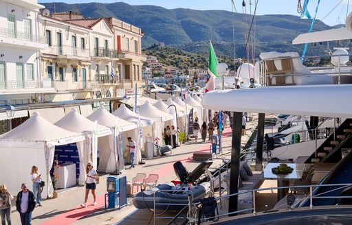 Exhibitor tents at East Med Multihull & Yacht Charter Show