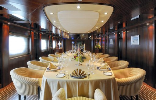 Elegant formal dining on board charter yacht 'Lauren L'