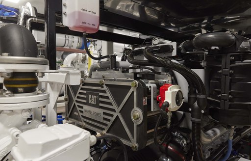 Close up view of a CAT engine installed in the engine room on the superyacht OBSIDIAN