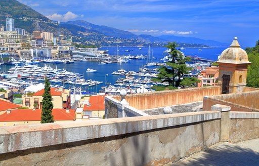 hilltop view of yachts in harbour in cannes 