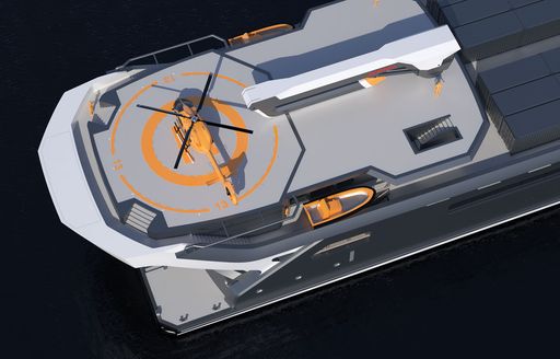 Aerial rendering of charter yacht REV OCEAN helipad and helicopter