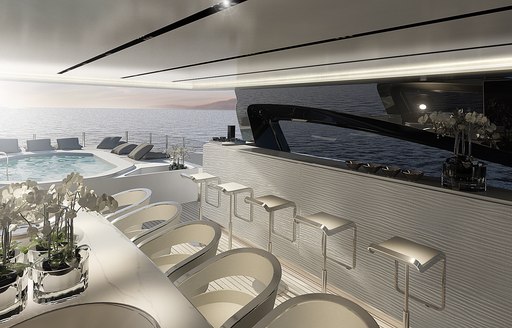 long bar and alfresco dining on sundeck of charter yacht OURANOS 