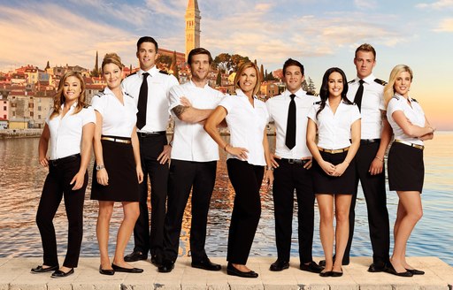 Cast of Below Deck Mediterranean lined up in Ibiza, Captain Sandy Yawn and Hannah Ferrier