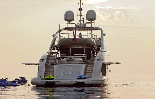 Stern of motor yacht Soiree with water toys when on charter