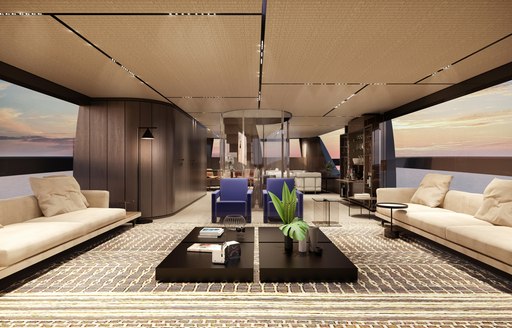 Elegant interiors on  Sanlorenzo superyacht ALMAX with comfortable seating at edges and table central