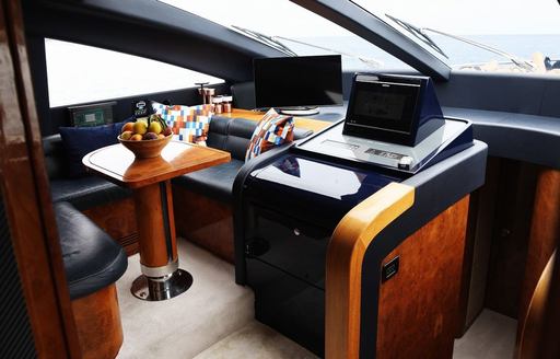 Charter yacht LADY B interior seating area by helm