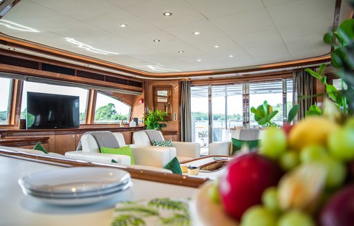 Interior of Superyacht Queen of Sheba, with fruit in foreground