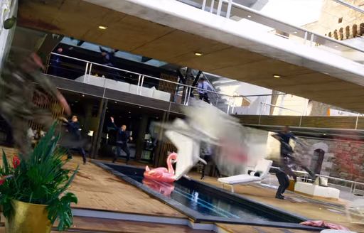 the replica aft deck of motor yacht kismet with body doubles flining themselves dramatically on the set of undergroudn 6 in Italy