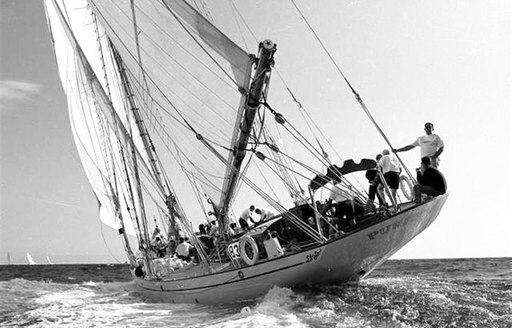 Black and white photo of luxury yacht PURITAN cruising