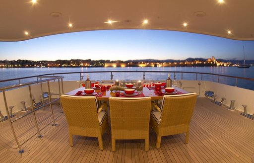 alfresco dining setup on vast aft deck on expedition yacht BELUGA 