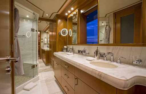 Marble sinks and luxurious bathroom en suite on board motor yacht Far Niente