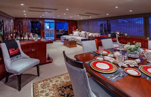 main salon and formal dining area on luxury broward yacht blackwood