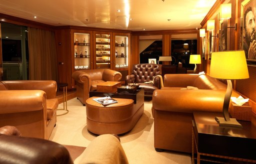 the club lounge in crewed yacht the wellesley aka the wellington can wnjoy an intimate setting as they cruise the coasts of palma as part of the Bravotv series below deck mediterranean 