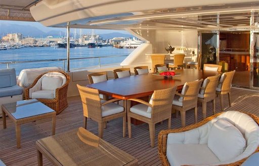 Guests can take in views of Greece while dining al fresco on M/Y ARIELA