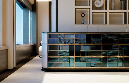 Charter yacht AMALYA interior design with teal hues