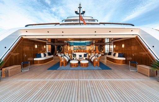 Exterior deck space onboard superyacht charter SOPHIA with lounge area aft