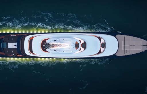 Overhead view looking down on superyacht charter BREAKTHROUGH at sea
