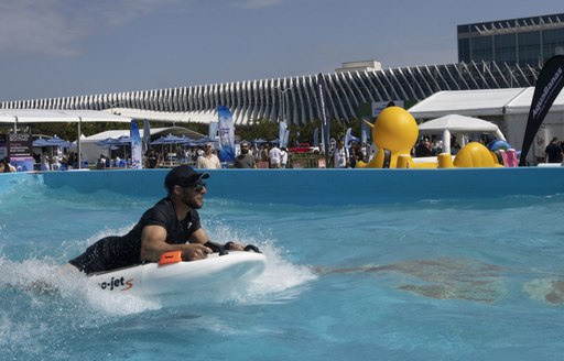 A demonstrator on a Turbo-Jet at the Miami International Boat Show