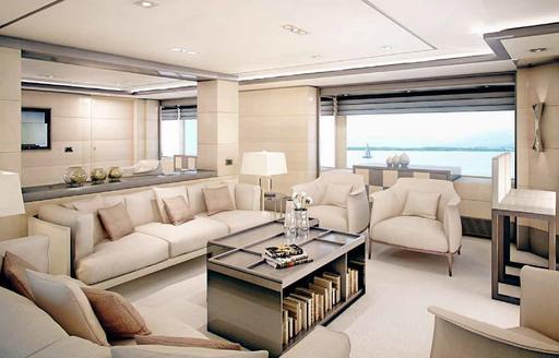 Charter yacht LATIKO interior lounge with plush cream sofas