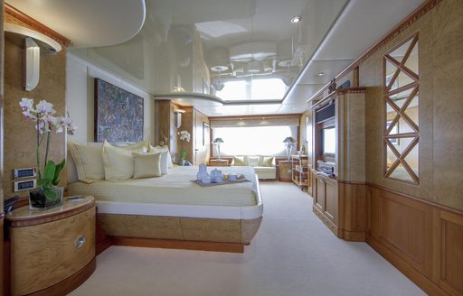 light and airy master suite with large bed on board motor yacht Lady Ellen II