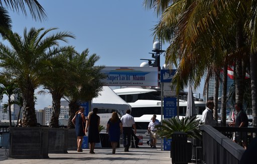 the entrance of the 2020 miami yacht shwo with eager brokers making their way into the buzzy venue