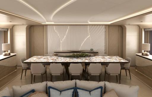 Interior dining area onboard superyacht charter O'MADELEINE