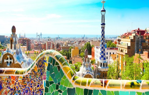 The famous Park Guell in Barcelona, Spain with colourful mosaics 