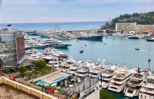 A line-up of yachts in Port Hercules for the Monaco Grand Prix 2018